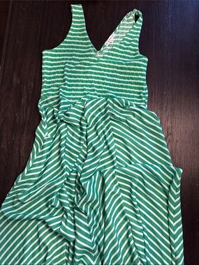 Green Striped V-Neck Maxi Dress with Smocked Bodice